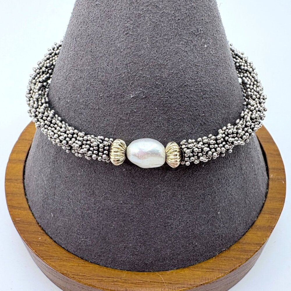 Two Tone Freshwater Pearl Beaded Bracelet Sterling Silver 925 Size 6.5" Length